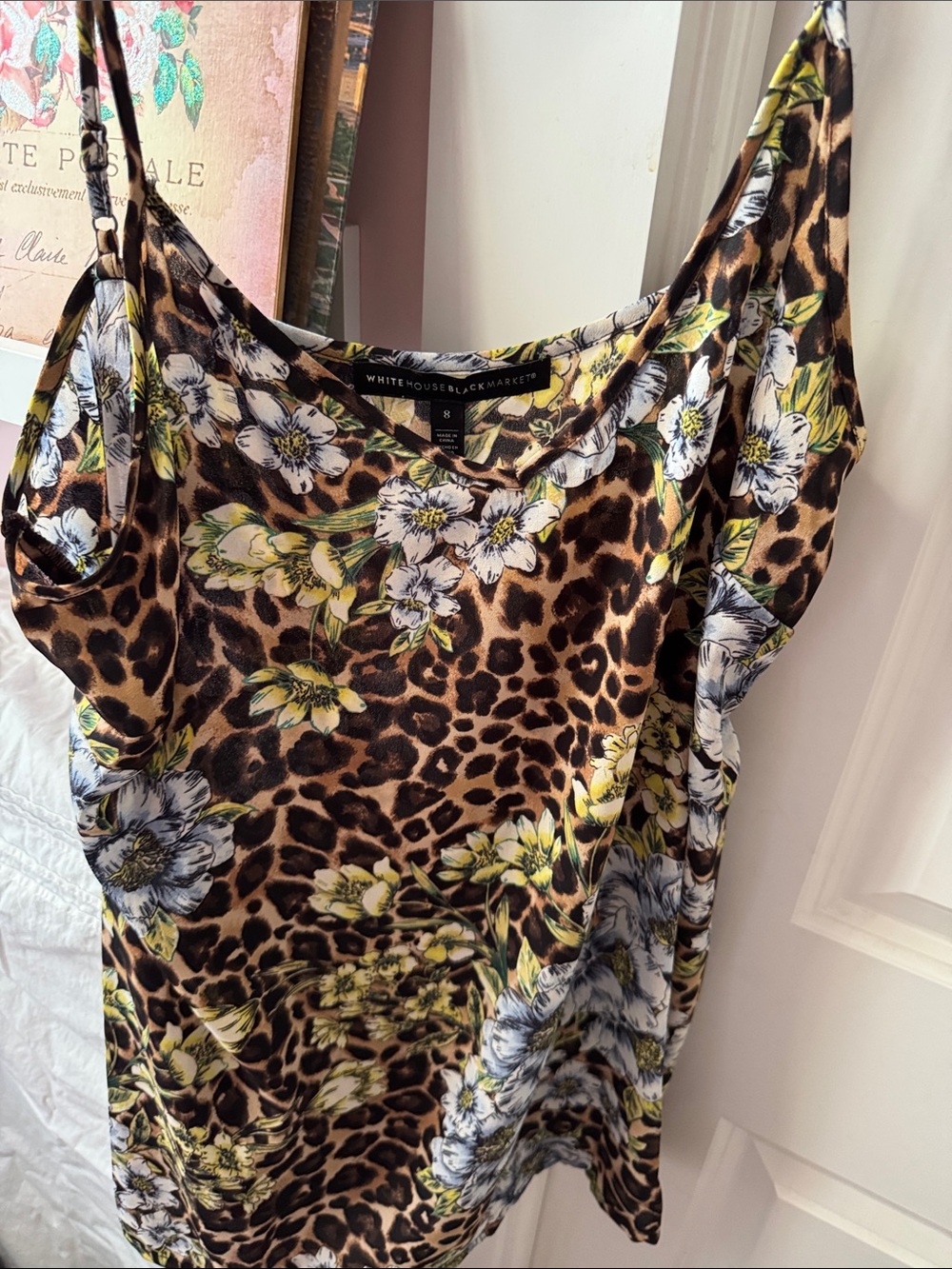 White House Black Market Leopard Floral Satin Cami - Brown/Yellow/White Sz 8